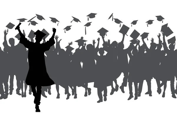 成群结队的毕业生 抛出了方格的学术帽 毕业的学生 快乐毕业活动简介 — 图库矢量图片