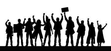 Protestocular, öfkeli insan silueti kalabalığı. Kaldırılmış elleri ve bayrakları olan insanlardan oluşan siluetler. İkonik protestocu yumruğunu kaldırdı