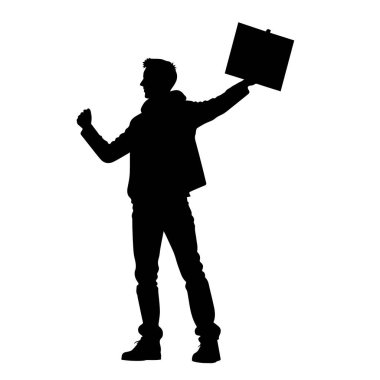 Protestocular, öfkeli insan silueti kalabalığı. Kaldırılmış elleri ve bayrakları olan insanlardan oluşan siluetler. İkonik protestocu yumruğunu kaldırdı