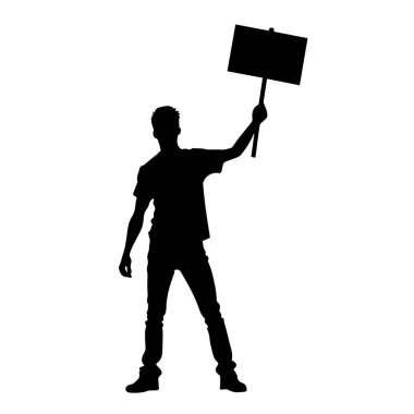 Protestocular, öfkeli insan silueti kalabalığı. Kaldırılmış elleri ve bayrakları olan insanlardan oluşan siluetler. İkonik protestocu yumruğunu kaldırdı