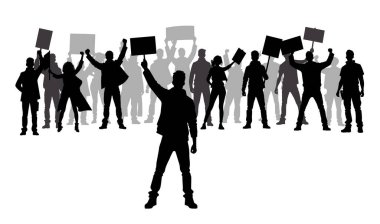 Protestocular, öfkeli insan silueti kalabalığı. Kaldırılmış elleri ve bayrakları olan insanlardan oluşan siluetler. İkonik protestocu yumruğunu kaldırdı