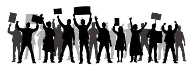 Protestocular, öfkeli insan silueti kalabalığı. Kaldırılmış elleri ve bayrakları olan insanlardan oluşan siluetler. İkonik protestocu yumruğunu kaldırdı