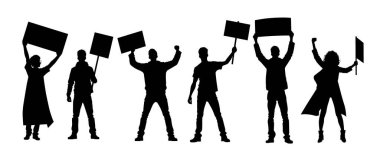 Protestocular, öfkeli insan silueti kalabalığı. Kaldırılmış elleri ve bayrakları olan insanlardan oluşan siluetler. İkonik protestocu yumruğunu kaldırdı