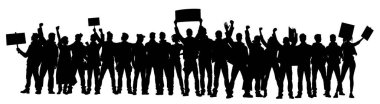 Protestocular, öfkeli insan silueti kalabalığı. Kaldırılmış elleri ve bayrakları olan insanlardan oluşan siluetler. İkonik protestocu yumruğunu kaldırdı