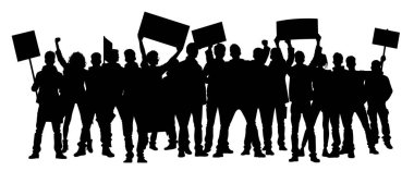 Protestocular, öfkeli insan silueti kalabalığı. Kaldırılmış elleri ve bayrakları olan insanlardan oluşan siluetler. İkonik protestocu yumruğunu kaldırdı