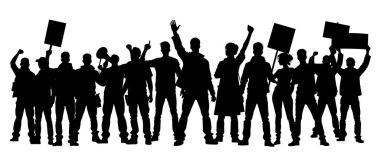 Protestocular, öfkeli insan silueti kalabalığı. Kaldırılmış elleri ve bayrakları olan insanlardan oluşan siluetler. İkonik protestocu yumruğunu kaldırdı