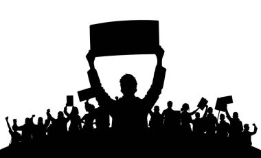 Protestocular, öfkeli insan silueti kalabalığı. Kaldırılmış elleri ve bayrakları olan insanlardan oluşan siluetler. İkonik protestocu yumruğunu kaldırdı
