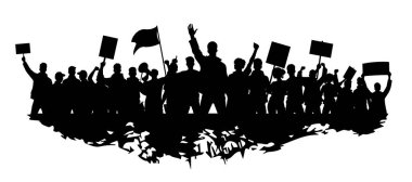Protestocular, öfkeli insan silueti kalabalığı. Kaldırılmış elleri ve bayrakları olan insanlardan oluşan siluetler. İkonik protestocu yumruğunu kaldırdı