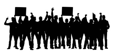 Protestocular, öfkeli insan silueti kalabalığı. Kaldırılmış elleri ve bayrakları olan insanlardan oluşan siluetler. İkonik protestocu yumruğunu kaldırdı