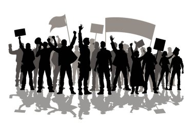 Protestocular, öfkeli insan silueti kalabalığı. Kaldırılmış elleri ve bayrakları olan insanlardan oluşan siluetler. İkonik protestocu yumruğunu kaldırdı