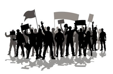 Protestocular, öfkeli insan silueti kalabalığı. Kaldırılmış elleri ve bayrakları olan insanlardan oluşan siluetler. İkonik protestocu yumruğunu kaldırdı