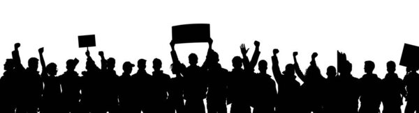 Протестующие, разъяренная толпа людей силуэт. Силуэты толпы людей с поднятыми руками и флагами. Иконописный протестующий поднял кулак