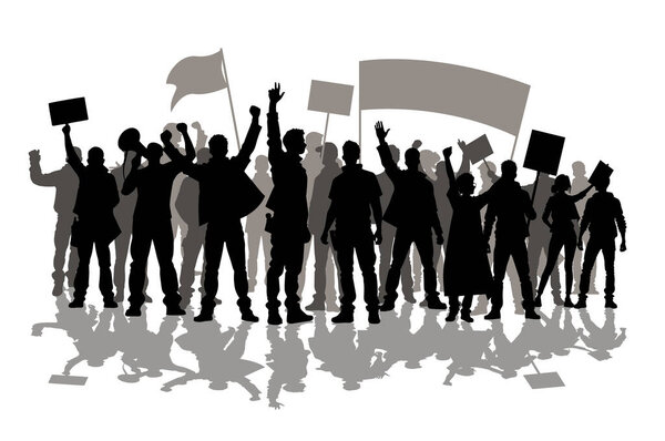 Протестующие, разъяренная толпа людей силуэт. Силуэты толпы людей с поднятыми руками и флагами. Иконописный протестующий поднял кулак