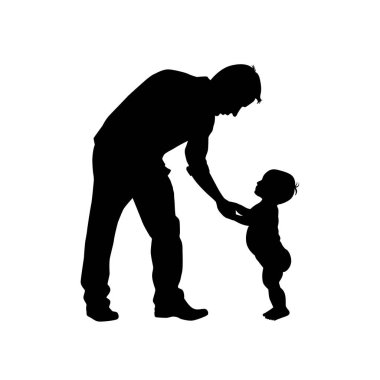 Baba ve bebek silueti, baba bebeğe nasıl yürüneceğini öğretiyor, bebek yürüyüşü