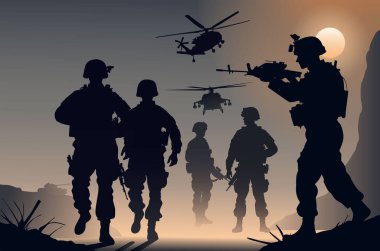 Muharebe görevindeki askerler, savaş alanı vektör çiziminde asker silueti savaşıyor.