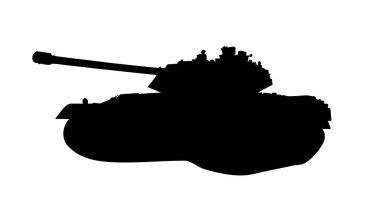 Modern ağır tank, askeri tank silueti beyaz arka planda izole edilmiş.