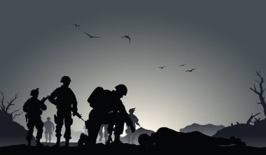 Askerler muharebe görevinde, askerler ölmüş yoldaş, üzgün askerler.