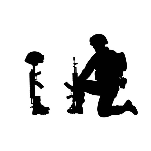 Грустный солдатский силуэт, армейский солдат в печали о павшем товарище, стоя на коленях, опираясь на винтовку, взгляните на шлем товарища и пистолет, обувь
