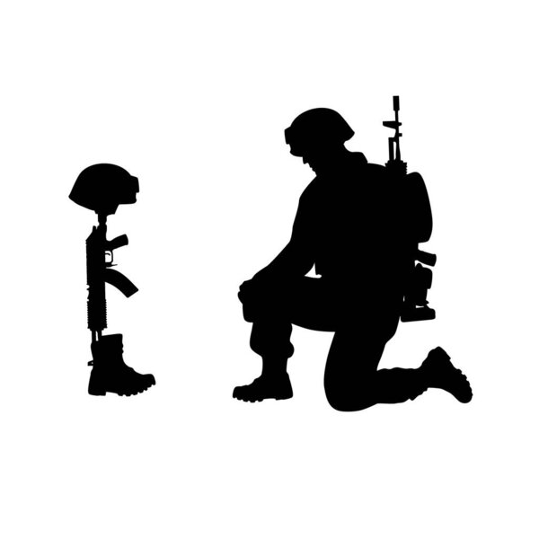 Грустные солдаты силуэт войск, солдат армии в печали за павшего товарища, стоя на коленях, опираясь на винтовку, посмотрите на шлем и винтовку в боевых сапогах