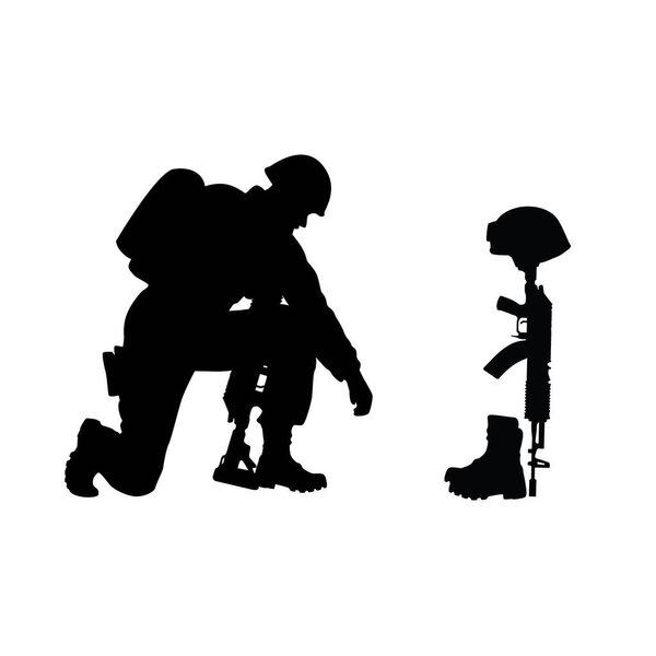 Грустные солдаты силуэт войск, солдат армии в печали за павшего товарища, стоя на коленях, опираясь на винтовку, посмотрите на шлем и винтовку в боевых сапогах