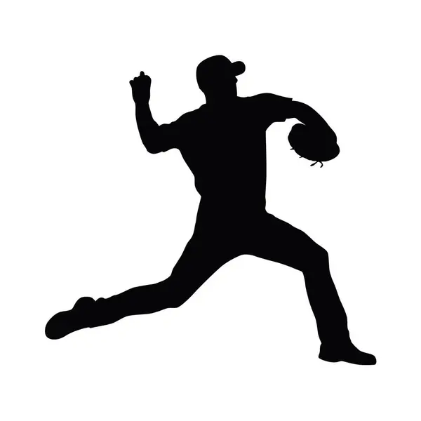 stock vector Baseball pitcher, mens' baseball pitcher throwing the curveball to the batter. Baseball player, vector silhouette of a baseball player