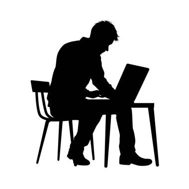 Dizüstü bilgisayarda çalışan bir adamın silueti, ofis işi, bilgisayar başında oturan siluet, dizüstü bilgisayarda yazı yazan bir adamın silüeti.