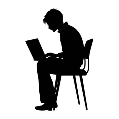 Dizüstü bilgisayarda çalışan bir adamın silueti, ofis işi, bilgisayar başında oturan siluet, dizüstü bilgisayarda yazı yazan bir adamın silüeti.