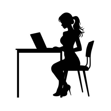 Laptop silueti üzerinde çalışan bir kadın, dizüstü bilgisayarı olan bir kız beyaz üzerinde izole edilmiş.