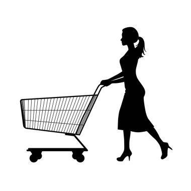 Kadın alışveriş arabası silueti, insanlar alışveriş yapıyor, alışveriş siluetleri beyaz.