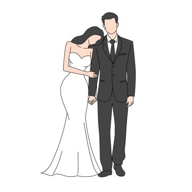 Düğün töreninde mutlu gelin ve damat. Gelinlik giymiş güzel bir çift, güzel bir düğün buketi çizimi olan bir çift.