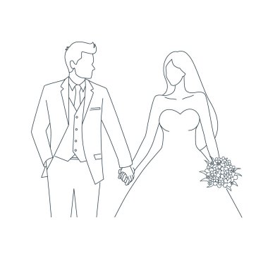 Düğün töreninde mutlu gelin ve damat. Gelinlik giymiş güzel bir çift, güzel düğün buketi çizgileri olan bir çift.