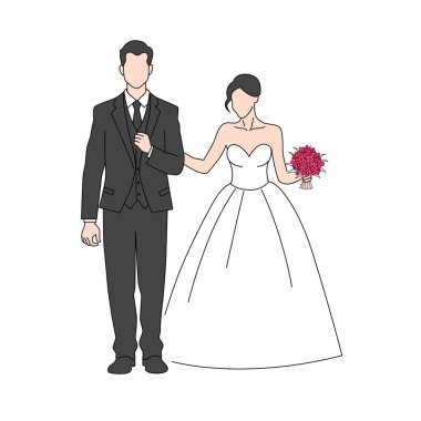 Düğün töreninde mutlu gelin ve damat. Düğün kıyafetleri içinde güzel bir çift.