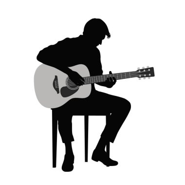 Gitar çalan ve şarkı söyleyen adam, insan gitaristi siluet vektör çizimi