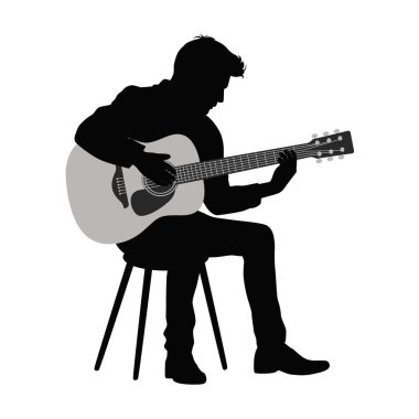 Gitar çalan ve şarkı söyleyen adam, insan gitaristi siluet vektör çizimi