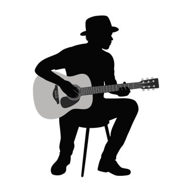 Gitar çalan ve şarkı söyleyen adam, insan gitaristi siluet vektör çizimi