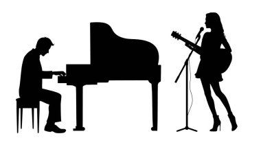 Piyano çalan bir adamla müzik grubu ve gitar çalan bir kadın.