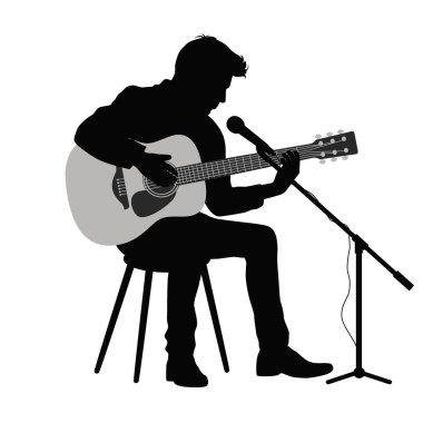 Gitar çalan ve şarkı söyleyen adam, insan gitaristi siluet vektör çizimi