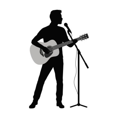 Gitar çalan ve şarkı söyleyen adam, insan gitaristi siluet vektör çizimi