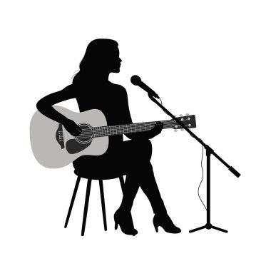 Gitar çalan ve şarkı söyleyen kadın, erkek gitarist siluet vektör çizimi