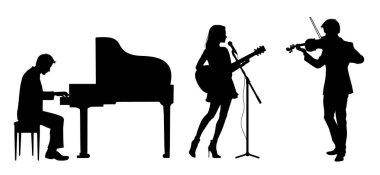 Gitarla şarkı söyleyen müzik grubu, piyano çalan adam ve piyanist.
