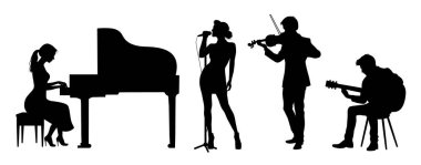 Şarkıcı kadın müzik grubu, gitar çalan adam, piyano çalan kadın ve piyanist.