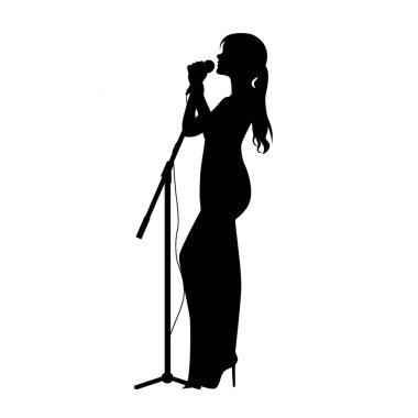 Kadın şarkıcı silueti, mikrofonda şarkı söyleyen kadın, siluet söyleyen şarkıcı, mikrofona şarkı söyleyen vokalist