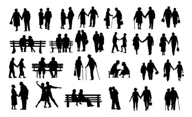 Yaşlı bir çift silueti, beyaz üzerine izole edilmiş iki yaşlı insanın silueti.