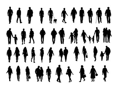 Erkek kadın yürüyor, insanlar sokak siluetinde yürüyor, hareketli insanların siluetleri sokakta kalabalıklaşıyor