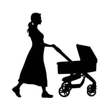Bebek arabalı bir kadın, annesi bebek arabasının siluetini itiyor.