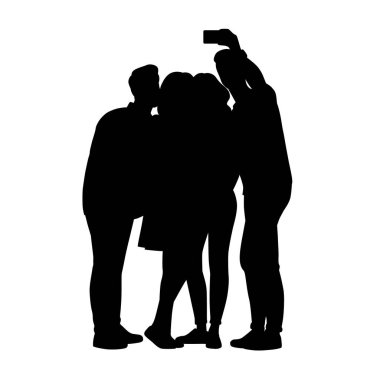 Cep telefonuyla selfie çeken bir grup erkek ve kadın, grup selfie, telefon siluetiyle fotoğraf çeken arkadaşlar.