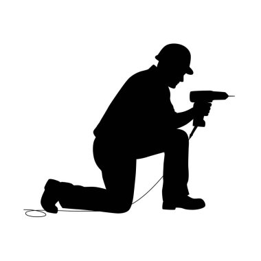 İnsan inşaat işçisinin silueti, elektrikli matkapla çalışan bir teknisyen, beyaz arka planda matkapla izole edilmiş vektör taşıyan bir adam.