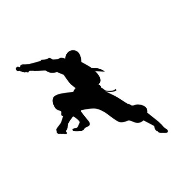 Ninja silueti seti, beyaz arka planda siyah üniformalı Japon ninjalar.