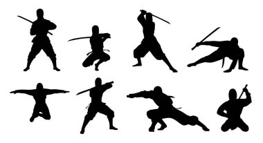 Ninja silueti seti, beyaz arka planda siyah üniformalı Japon ninjalar.