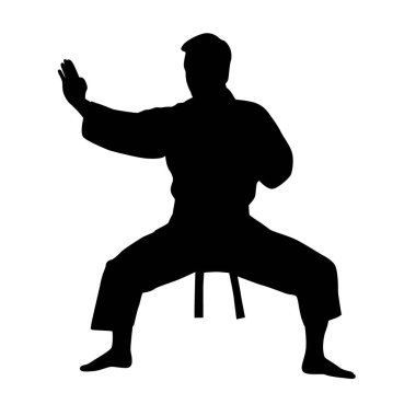 Karate dövüşünün siyah siluetleri, tek dövüşler, farklı pozlarda bir karatenin siluetleri.